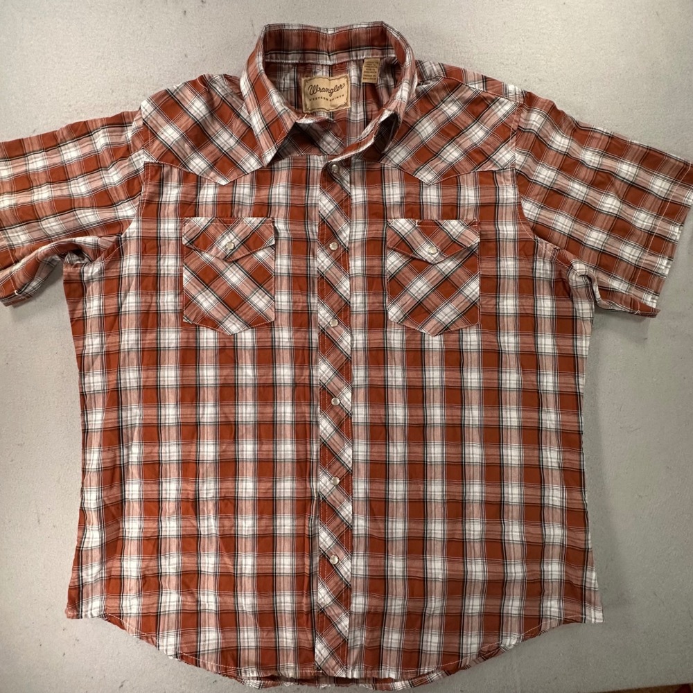 Wrangler Western Shirt Mens XL Rust Orange Brown Plaid Pearl Snap Short Sleeve